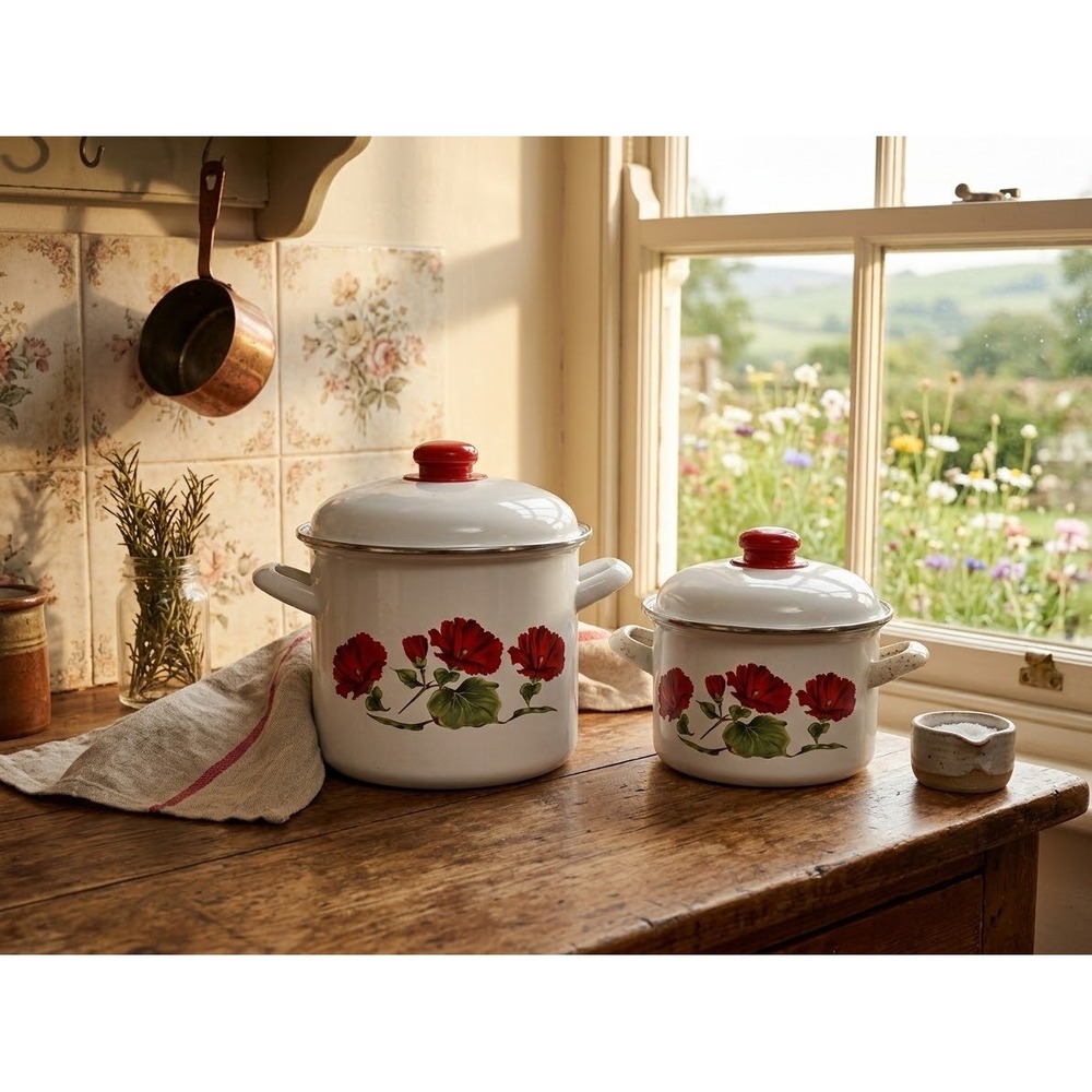Vintage Floral Enamel Stock Pot Set 2pc White Red Hibiscus Enamelware
